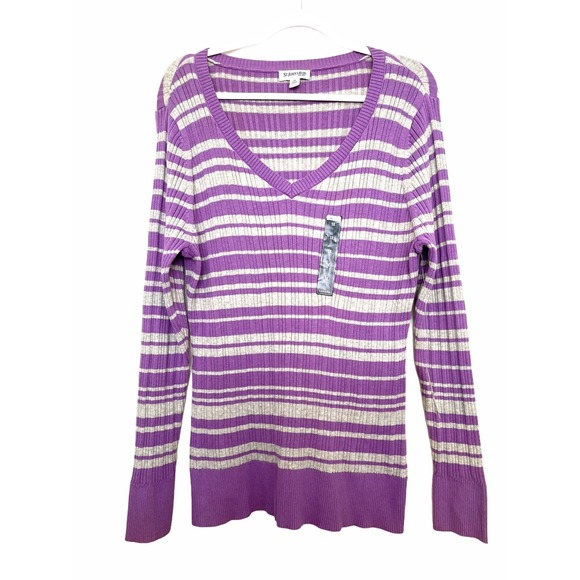 St. John's Bay Sweaters - NEW St. John's Bay Sweater Women 1X Purple Striped Ribbed Knit Preppy Layering